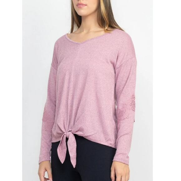Tint + Shadow Pink Boat Neck Tie Front Floral Lace Long Sleeve Knit Top Sz S - Picture 1 of 8